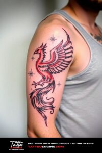 Phoenix rising half sleeve tattoo for men, on arm of a man, wearing tank top, side view, high quality, detailed