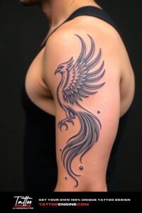 Phoenix rising half sleeve tattoo for men, on arm of a man, wearing tank top, side view, high quality, detailed