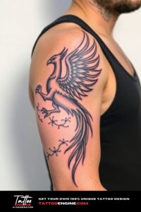 Phoenix rising half sleeve tattoo for men, on arm of a man, wearing tank top, side view, high quality, detailed