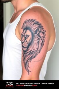 Realistic lion half sleeve tattoo for men, on arm of a man, wearing tank top, side view, high quality, detailed