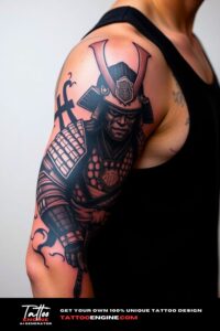 Samurai warrior half sleeve tattoo for men, on arm of a man, wearing tank top, side view, high quality, detailed