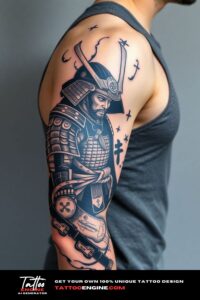 Samurai warrior half sleeve tattoo for men, on arm of a man, wearing tank top, side view, high quality, detailed