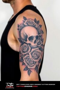 Skull and roses half sleeve tattoo for men, on arm of a man, wearing tank top, side view, high quality, detailed