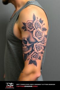 Skull and roses half sleeve tattoo for men, on arm of a man, wearing tank top, side view, high quality, detailed