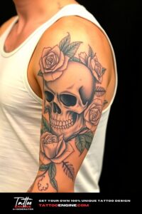 Skull and roses half sleeve tattoo for men, on arm of a man, wearing tank top, side view, high quality, detailed