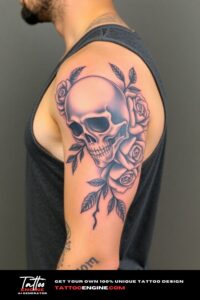 Skull and roses half sleeve tattoo for men, on arm of a man, wearing tank top, side view, high quality, detailed