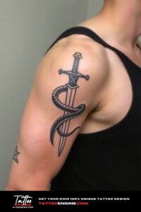 Snake and dagger half sleeve tattoo for men, on arm of a man, wearing black tank top, side view, high quality, detailed