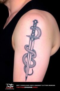 Snake and dagger half sleeve tattoo for men, on arm of a man, wearing black tank top, side view, high quality, detailed