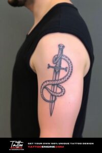 Snake and dagger half sleeve tattoo for men, on arm of a man, wearing black tank top, side view, high quality, detailed