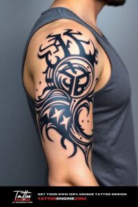 Tribal half sleeve tattoo for men, on arm of a man, wearing tank top, side view, high quality, detailed