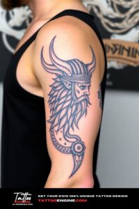 Viking half sleeve tattoo for men, on arm of a man, wearing black tank top, side view, high quality, detailed