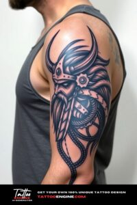 Viking half sleeve tattoo for men, on arm of a man, wearing black tank top, side view, high quality, detailed