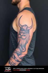 Viking half sleeve tattoo for men, on arm of a man, wearing black tank top, side view, high quality, detailed