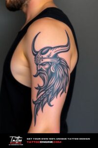 Viking half sleeve tattoo for men, on arm of a man, wearing black tank top, side view, high quality, detailed