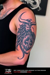 Viking half sleeve tattoo for men, on arm of a man, wearing black tank top, side view, high quality, detailed