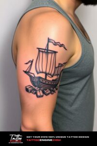 Viking ship half sleeve tattoo for men, on arm of a man, wearing tank top, side view, high quality, detailed