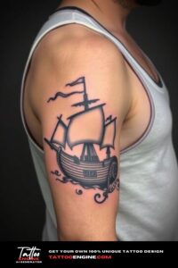 Viking ship half sleeve tattoo for men, on arm of a man, wearing tank top, side view, high quality, detailed