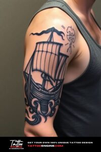 Viking ship half sleeve tattoo for men, on arm of a man, wearing tank top, side view, high quality, detailed