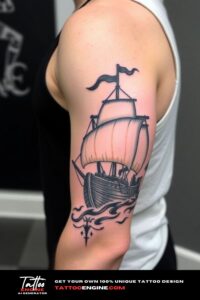 Viking ship half sleeve tattoo for men, on arm of a man, wearing tank top, side view, high quality, detailed