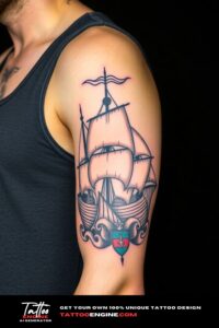 Viking ship half sleeve tattoo for men, on arm of a man, wearing tank top, side view, high quality, detailed