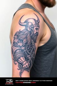 Viking warrior half sleeve tattoo for men, on arm of a man, wearing tank top, side view, high quality, detailed