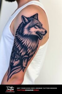 Wolf pack half sleeve tattoo for men, on arm of a man, wearing white tank top, side view, high quality, detailed