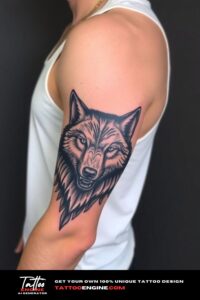 Wolf pack half sleeve tattoo for men, on arm of a man, wearing white tank top, side view, high quality, detailed