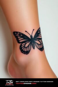 Black butterfly tattoo, on ankle of a woman, front view, studio light, high quality, detailed