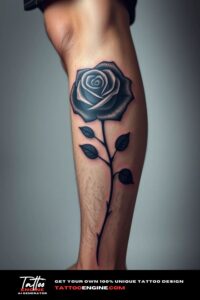 Black rose leg tattoo, on leg of a man, side view, studio light, high quality, detailed
