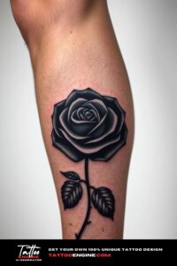 Black rose leg tattoo, on leg of a man, side view, studio light, high quality, detailed