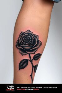 Black rose leg tattoo, on leg of a man, side view, studio light, high quality, detailed