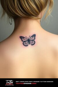 Cute butterfly tattoo, on back of a woman, back view, studio light, high quality, detailed, small