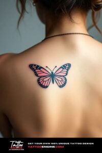 Cute butterfly tattoo, on back of a woman, back view, studio light, high quality, detailed, small