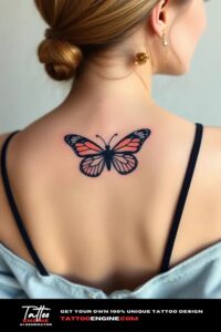 Cute butterfly tattoo, on back of a woman, back view, studio light, high quality, detailed, small