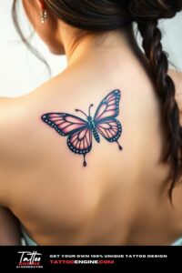 Cute butterfly tattoo, on back of a woman, back view, studio light, high quality, detailed, small