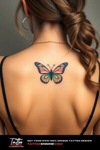 Cute butterfly tattoo, on center back of a woman, back view, studio light, high quality, detailed