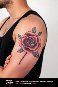 Detailed rose arm tattoo, on arm of a man, wearing black tank top, side view, studio light, high quality, detailed