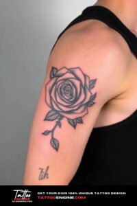Detailed rose arm tattoo, on arm of a man, wearing black tank top, side view, studio light, high quality, detailed
