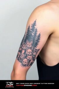 Forest and animals arm tattoo, on arm of a man, side view, studio light, high quality, detailed