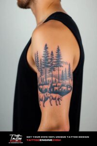 Forest and animals arm tattoo, on arm of a man, side view, wearing black tank top, studio light, high quality, detailed