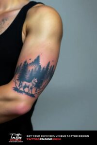 Forest and animals arm tattoo, on arm of a man, side view, wearing black tank top, studio light, high quality, detailed