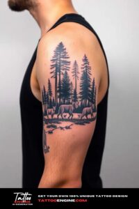 Forest and animals arm tattoo, on arm of a man, side view, wearing black tank top, studio light, high quality, detailed