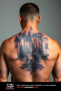 Forest and animals back tattoo, on back of a man, back view, studio light, high quality, detailed