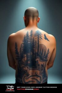 Forest and animals back tattoo, on back of a man, back view, studio light, high quality, detailed