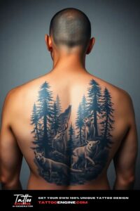 Forest and animals back tattoo, on back of a man, back view, studio light, high quality, detailed