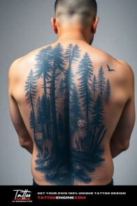 Forest and animals back tattoo, on back of a man, back view, studio light, high quality, detailed