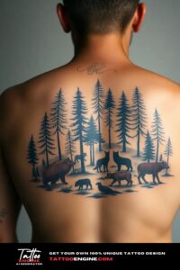 Forest and animals back tattoo, on back of a man, back view, studio light, high quality, detailed