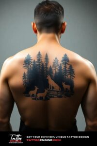 Forest and animals back tattoo, on back of a man, back view, studio light, high quality, detailed