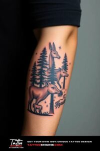 Forest animals arm tattoo, on arm of a man, side view, studio light, high quality, detailed