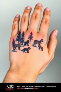 Forest animals hand tattoo, on hand of a man, top view, studio light, high quality, detailed